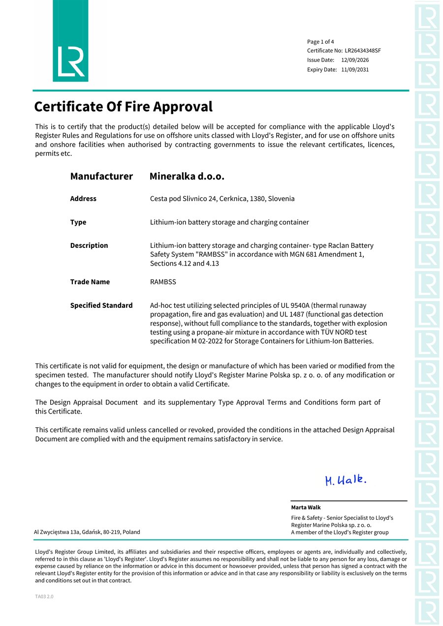 Lloyd's Register Certificate of Fire Approval No. LR26434348SF for RAMBSS, issued to Mineralka d.o.o.